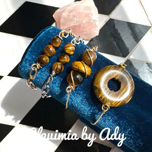 Tiger's eye beaded bracelet gold and silver adjustable curb chain/handmade